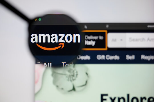 Milan, Italy - 2026, 20 Apr: Amazon logo displayed under a magnifying glass on laptop screen displaying the Amazon&rsquo;s website.