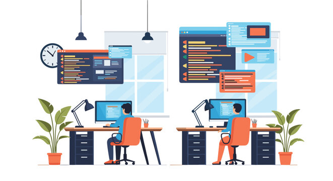 Two professional programmers work at their desks while vibrant windows of software code float in the air against a clean white background.
