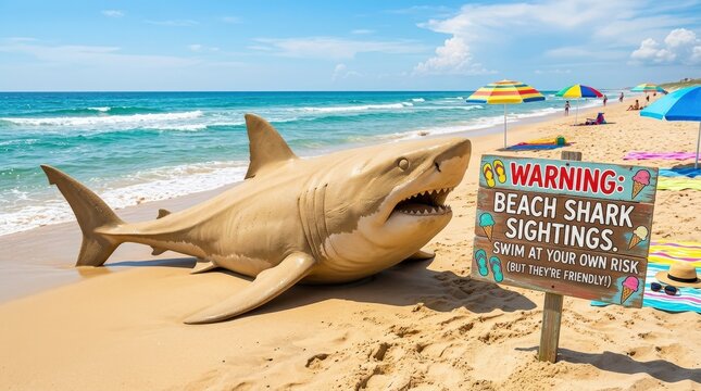 Huge shark on sandy beach, dramatic summer concept, surreal coastal scene, bold travel warning idea, bright playful composition, no logos