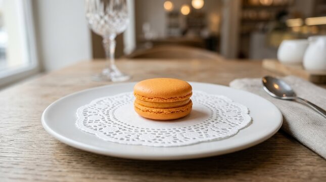 Orange macaron on white doily, elegant pastry dessert concept with minimal styling and refined bakery presentation, soft light, realistic detail, no logos