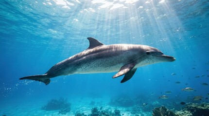 Fototapeta premium Dolphin swimming gracefully underwater with sunlight on its body, marine wildlife scene, clear blue ocean, serene natural motion, no logos