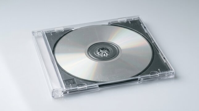 Compact disc inside transparent jewel case, nostalgic media object, clean minimal product composition, reflective surface, studio lighting, realistic detail, no logos