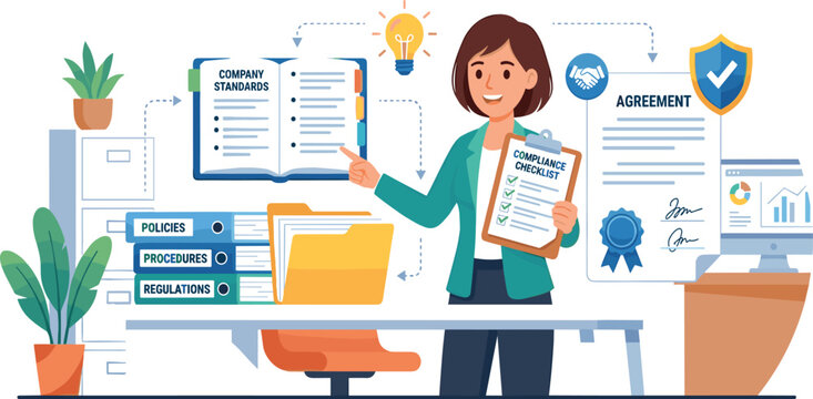 Professional Business Woman Managing Corporate Compliance Checklist Company Standards Policies Procedures and Legal Agreement Regulations With Document Folders And Digital Data Analysis Illustration
