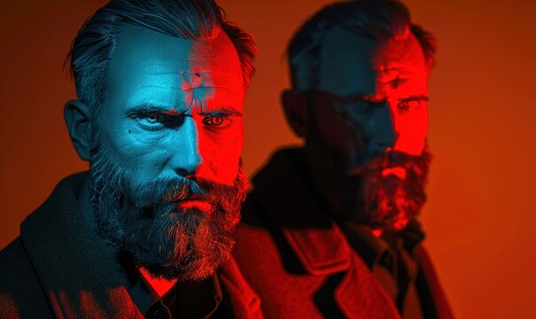 A man with a beard and his reflection in a dramatic lighting setup