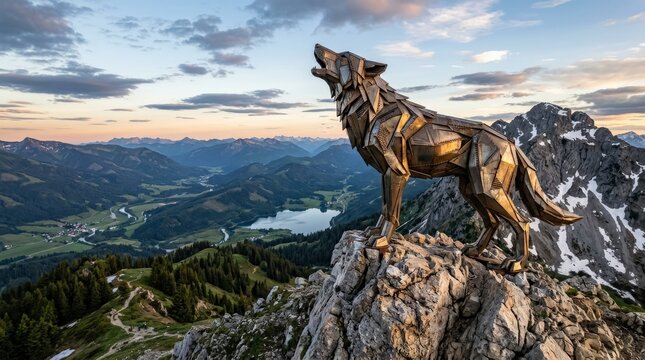 Large metallic wolf sculpture atop a mountain overlooking a serene landscape, monumental modern art in nature with dramatic scale and realistic detail, no logos