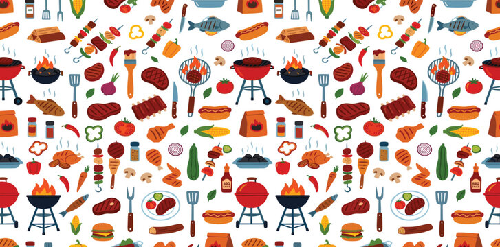 Seamless pattern illustration of barbecue and grilling items such as meat, vegetables, utensils, and sauces isolated on white for summer food design.
