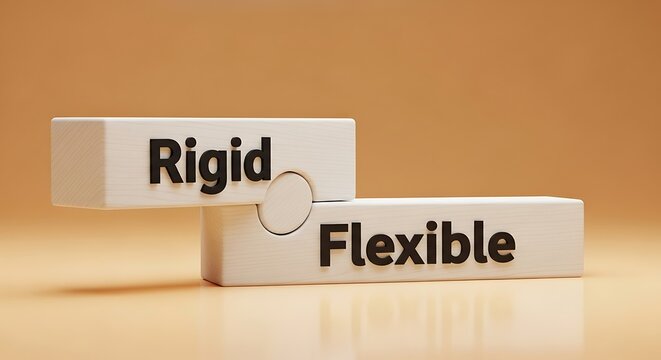 Two white puzzle blocks with rigid and flexible text on orange background