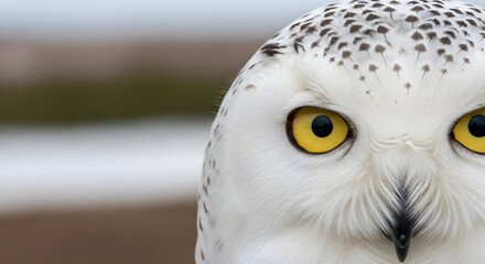 Obraz premium Extreme macro close-up of a Snowy Owl's face, intense piercing golden yellow eye staring into the lens, soft bokeh background of Arctic tundra, intricate texture of the white and grey speckled feather