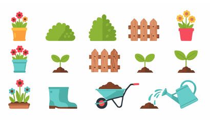 Spring garden flat vector icon set with flower pots seedlings watering can and backyard gardening tools collection © KAYSUR AHMED