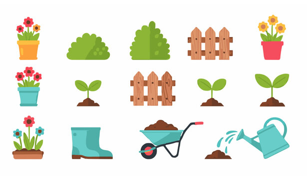Spring garden flat vector icon set with flower pots seedlings watering can and backyard gardening tools collection
