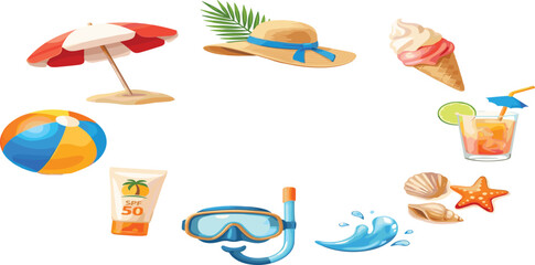 Summer beach vacation sticker set with cute octopus fish palm tree bikini sunglasses sunblock hat ice cream watermelon beach ball seashells and ocean waves vector illustration © MDRIFAT
