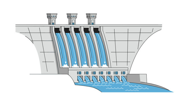 A large grey concrete hydroelectric dam features five spillways releasing powerful streams of blue water into a churning river against a white background.