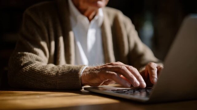 Close up hands of elderly man pressing fingerprint sensor on secure laptop, strong authentication concept, senior digital inclusion, biometric login adoption, cybersecurity accessi