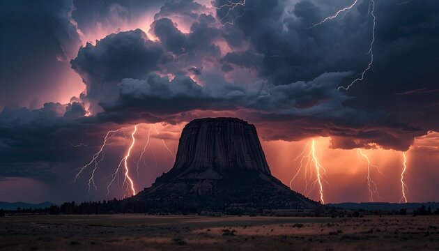 Supercell Thunderstorm Lightning Strikes Over Devils Tower National Monument, Wyoming
