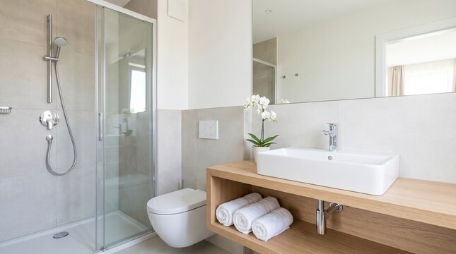 Modern bathroom interior with shower and wooden storage unit  