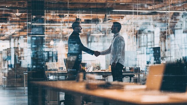Two business professionals shaking hands, collaboration in office environment
