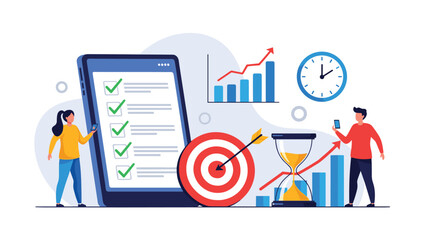 Fototapeta premium Strategic planning and productivity concept illustrated with smartphone checklist, target, bar charts, and team members.