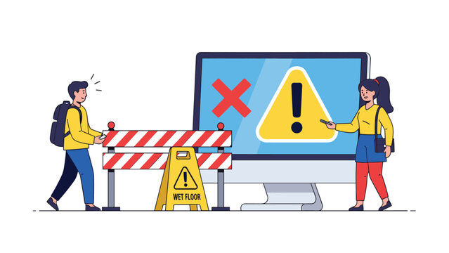 Website maintenance and system error notification shown with computer monitor, warning icons, and construction barriers.