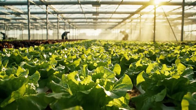 Rows of Fresh Lettuce Unfurling in a Sun-Drenched Greenhouse, Showing Agricultural Growth and Healthy Produce