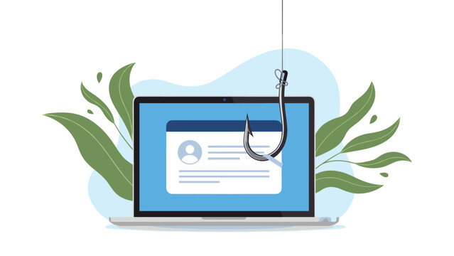 Cybersecurity phishing threat depicted by a fishing hook dangling over a personal profile on a laptop screen with leaves.
