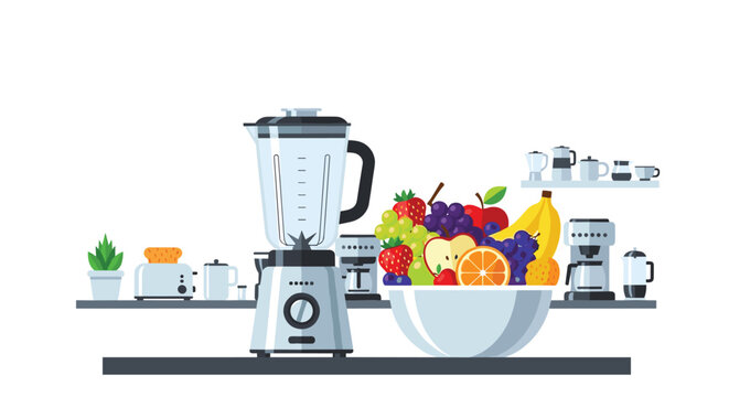 A clean kitchen counter features a large silver blender standing next to a white bowl overflowing with vibrant apples, bananas, grapes, and oranges.
