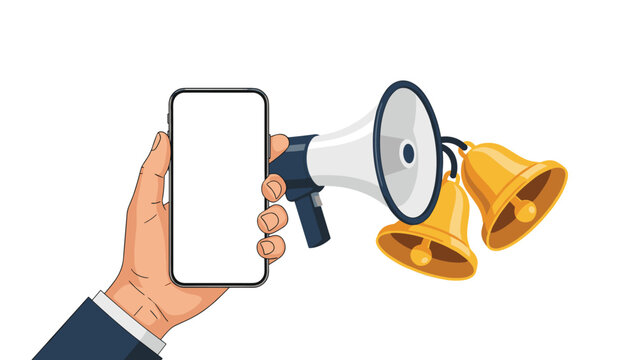 Mobile advertising and push notification concept showing a hand holding a smartphone next to a megaphone and ringing bells.