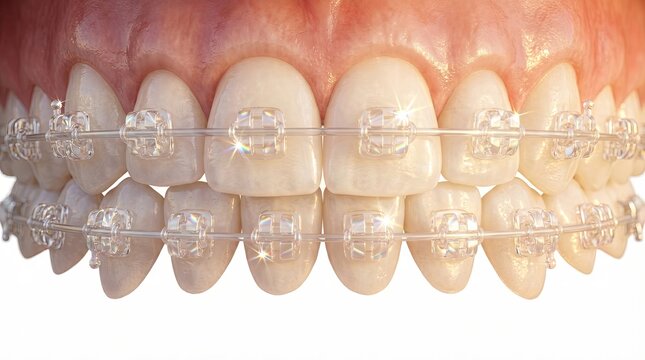 Closeup teeth ceramic braces on incisors showing precise orthodontic bonding, clear ceramic brackets