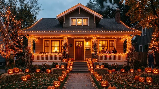 House decorated for Halloween with orange lights and pumpkins on the porch, festive autumn exterior with cozy evening atmosphere, realistic detail, no logos