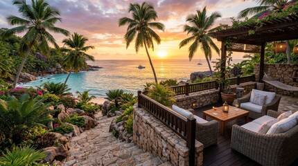 Fototapeta premium Tropical paradise patio overlooking the ocean at sunset with palm trees and stone steps, luxurious coastal terrace with warm golden light and vacation atmosphere, realistic travel photography, no