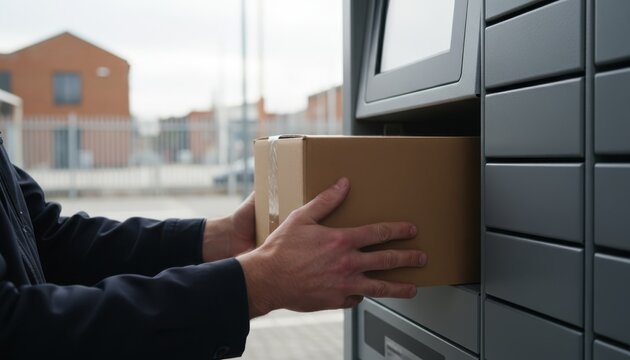 Hands carefully placing a cardboard parcel into a sleek, modern parcel locker in an urban setting