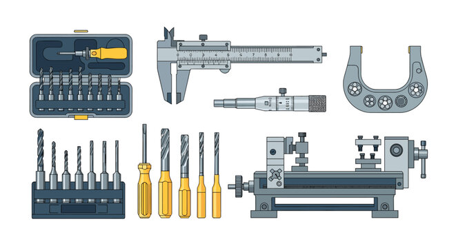 A comprehensive set of precision engineering tools including a vernier caliper and micrometer are arranged with various drill bits on a white background.