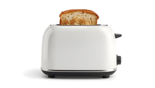 A sleek white toaster with a slice of bread inside on a plain background
