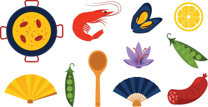 Spanish Paella and Tapas Vector Icon Set Featuring Paella Pan, Shrimp, Mussels, Saffron Flower, Chorizo, Lemon, Pea Pods, and Hand Fans
