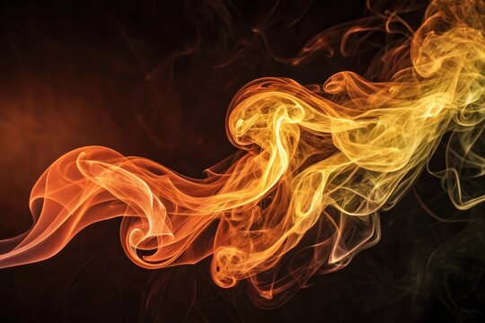 Vibrant orange and yellow abstract smoke swirls in dark background