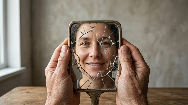 hands holding cracked mirror reflecting calm smiling face hidden real emotion self image concept