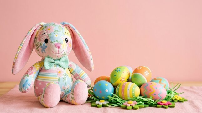 Stuffed colorful bunny with Easter eggs on pink background, Easter holiday concept with copy space, playful seasonal composition, bright studio light, no logos