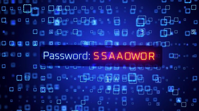 Personal data leak. Cryptocurrency exchange hacking. Cybercrime. Password guessing animation. Password brute-force attack. Password protection. Correspondence privacy. Password and database hacking.