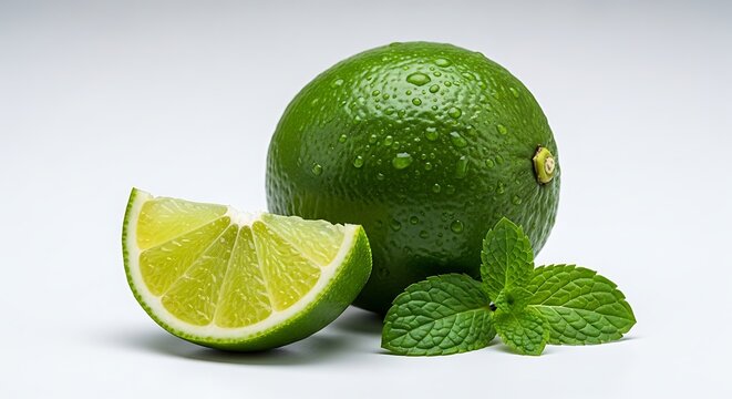 Jeruk nipis utuh dan irisan basah bersanding dengan daun mint melambangkan kesegaran herbal alami untuk kesehatan dan koktail
