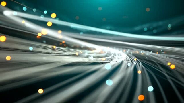 High speed data transfer through fiber optic cables with glowing particles.
