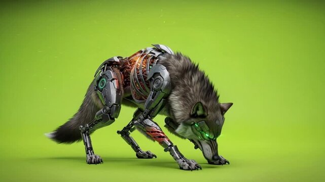 Cyborg Wolf Animal Walking on Greenscreen Studio Footage
