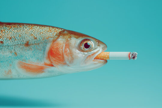 Silver fish holding a cigarette on cyan studio background. Surreal anti smoking concept with sharp minimal style.
