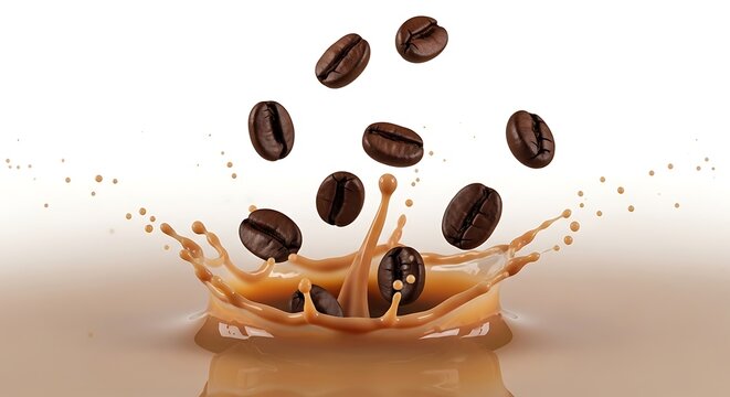 Biji kopi panggang berjatuhan memercikkan cairan minuman susu cokelat yang melambangkan energi dinamis dan kelezatan rasa kafein pagi