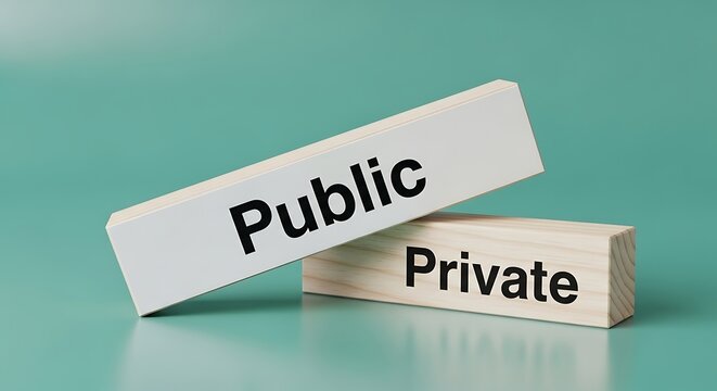 Two wooden blocks with public and private text on a green surface