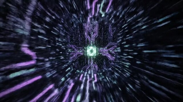 Vibrant purple and blue lights burst through a glowing green center in space.