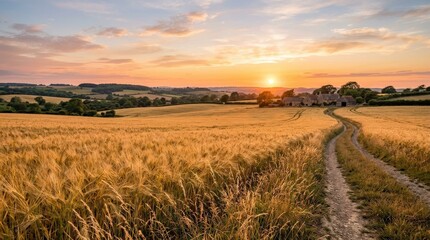 Fototapeta premium Golden field at sunset, expansive rural landscape, warm grasses, glowing horizon, peaceful agricultural scenery, natural seasonal atmosphere, soft natural or studio light, realistic detail, balanced