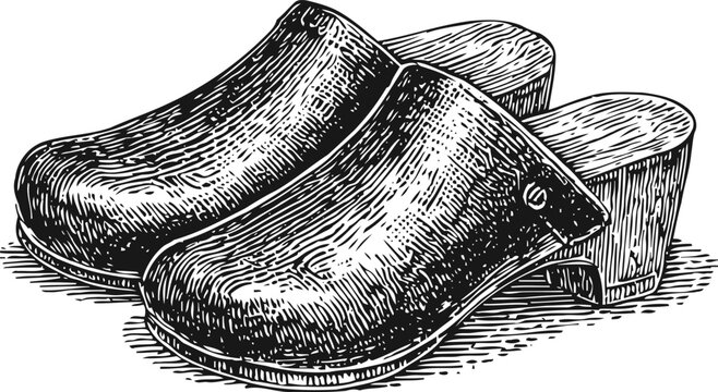 Classic wooden clogs pair with textured surface and raised heel, traditional footwear illustration
