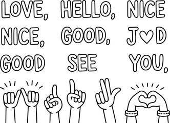 Obraz premium Hand Sign Language Gestures Representing Positive Words and Phrases Like Love Hello Nice Good See You