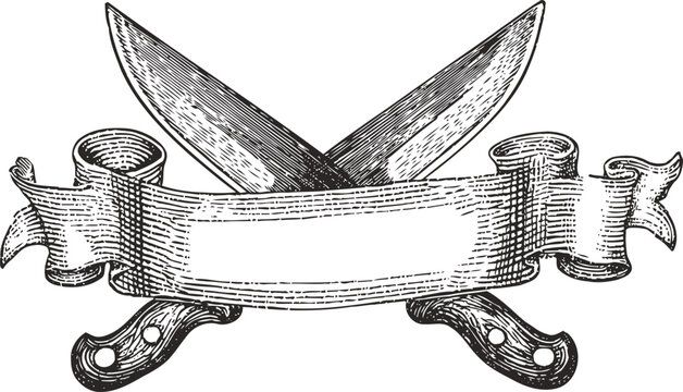 Vintage crossed butcher knives with blank ribbon banner engraving illustration