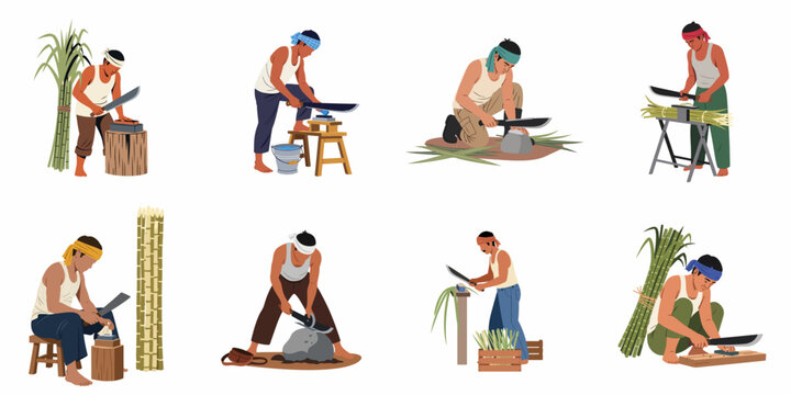Collection of vector illustrations featuring Indian farmers and laborers sharpening machetes and processing sugarcane in traditional poses on a white background.