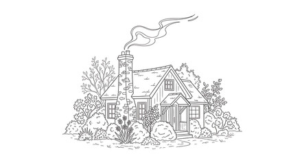 Obraz premium Whimsical house, cottage illustration, black and white line art, home design